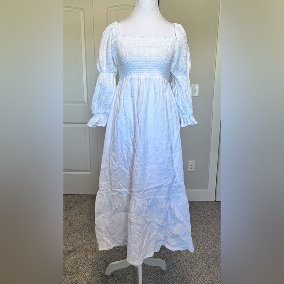 o.p.t Brigitte Dress Smocked bodice Puffed Tiered Sleeves Cotton Sz Small - Picture 2 of 16